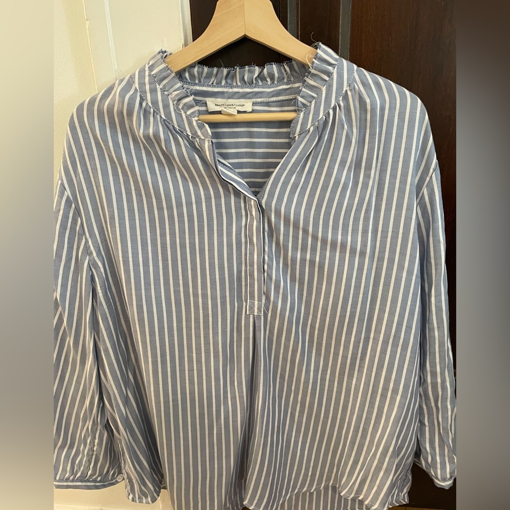 Beachlunchlounge Nordstrom Crewneck Blue Striped Button-Down Top, Sz L